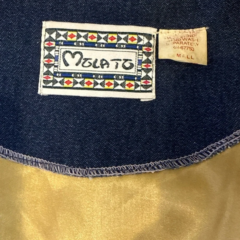 Molato African Denim Coat Jacket Duster Small Vintage 90s Gold Print